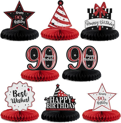 Happy 90th Birthday Decorations,90th Bday Red Glitter Shiny Stand Honeycomb Table Centerpieces - Cheers to Ninety Years Old Birthday Party Photoprop Gift Sign.