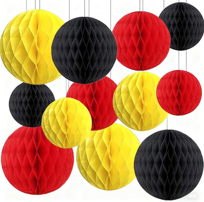 Capesaro 12pcs Red Black Yellow Hanging Honeycomb Birthday Party Decorations for Kids(6" 8" 10" Red Black Yellow Set)