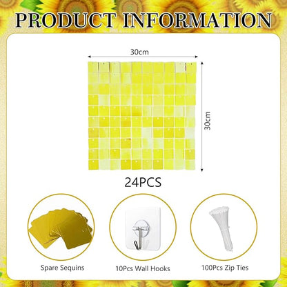 24PCS Colorful Yellow Shimmer Wall Backdrop, Square Sequin Photo Backdrops Panel, Glitter Wall Background for Birthdays, Weddings, Christmas, Engagements, Disco Bachelorette Party Decor (3FTx4FT)