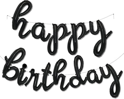 Black Happy Birthday Balloons Banner | Script/Cursive Silver Letter Balloon Sign for Birthday Party Decor/Decoration | Foil Mylar Happy Birthday Banner