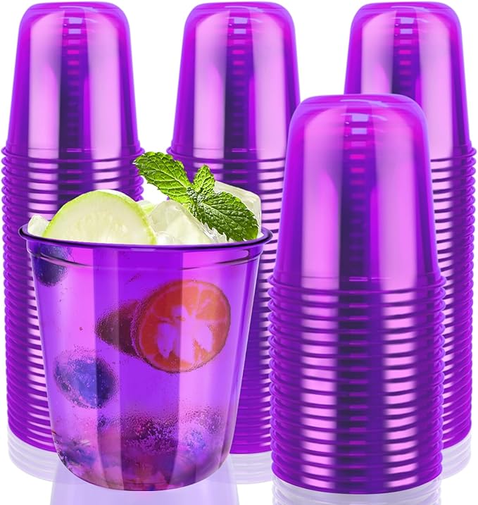 50pcs 12oz Disposable Stemless Glasses,PET Disposable Drinking Cups,Cold Party Clear Plastic Wine Glasses for Parties Birthday,Wedding,Meeting,Christmas Party Supplies. (Purple)