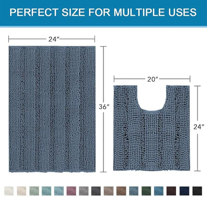 H.VERSAILTEX Bathroom Rug Sets 2 Piece Bath Mats Non Slip Thick Soft Chenille Striped Bath Rug achine Washable Shower Floor Rugs for Tub, Shower and Floor (Blue Indigo, 36"x24" Plus 20"x24" U)