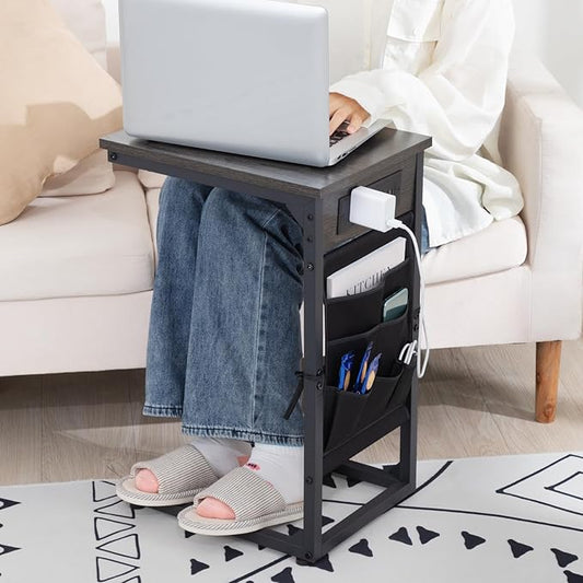 AMHANCIBLE Couch Table, C Shaped End Table with Charging Station, TV Tray Set of 2, Side Table with Storage for Couch, Dark Grey HET04CDG