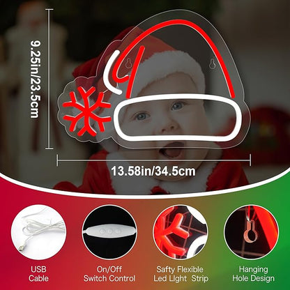 Christmas Hat Neon Sign, Red & White USB Plastic LED Light, Modern Holiday Decorative Signage for Wall Decor, Dimmable Christmas Decorations