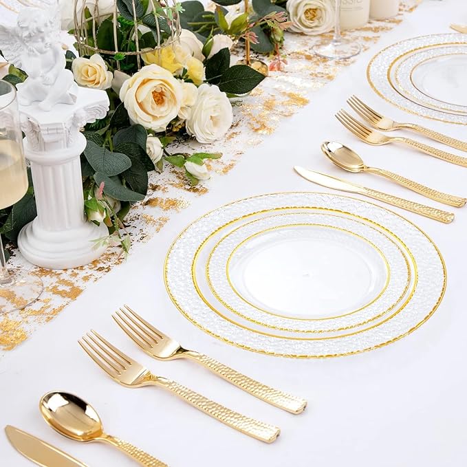 Nervure 300PCS Gold Hammered Plastic Silverware - Heavy Duty Plastic Cutlery - Gold Disposable Utensils Includes 100 Forks, 100 Knives, 100 Spoons Perfect for Wedding & Party
