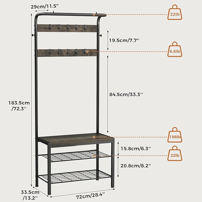 DUMOS Hall Tree with Shoe Bench and Coat Rack, Entryway Bench with Shoe Storage and Hooks, 4-in-1 Coat and Shoe Rack for Entryway, Mudroom Storage Organizer with Shelves, Grey