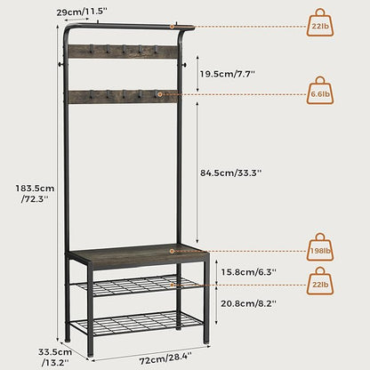 DUMOS Hall Tree with Shoe Bench and Coat Rack, Entryway Bench with Shoe Storage and Hooks, 4-in-1 Coat and Shoe Rack for Entryway, Mudroom Storage Organizer with Shelves, Grey