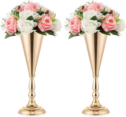 Gold Vase Centerpiece Table Decorations - 2 Pcs Metal Tabletop Flower Stand, Wedding Decorations for Reception, 14in Trumpet Tall Flower Vase for Birthday, Weddings, Anniversary Ceremony, Home Decor