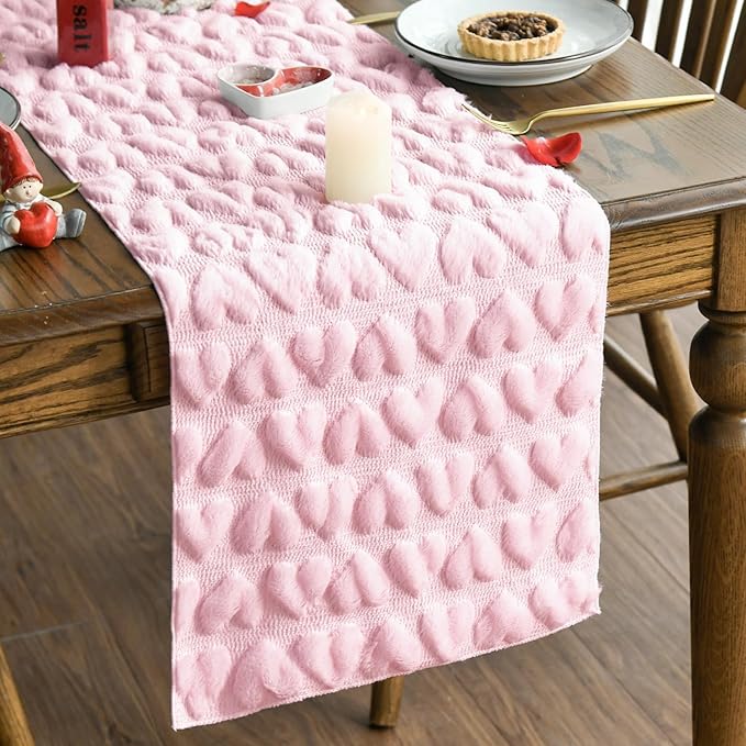 Artoid Mode Pink Soft Plush Faux Fur Jacquard Heart Valentine's Day Table Runner, Seasonal Kitchen Dining Table Decoration for Home Party Decor 13x90 Inch