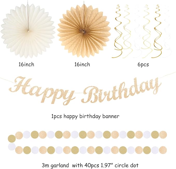 Champagne-Gold Beige Fall Boho Birthday Party-Decorations - 21pcs Autumn Neutral Retro Happy Banner,Girl One Sweet Peach Paper Streamers Lanterns,Tissue Pom Poms Fan,Rustic Backdrop Decor Huglony