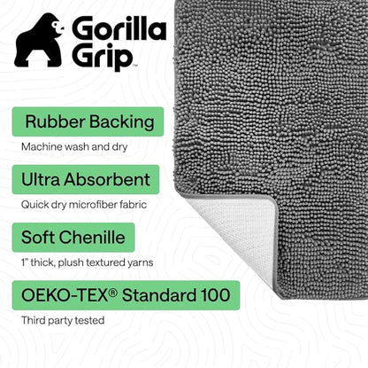 GORILLA GRIP Bath Rug Mat 48x24, Thick Soft Absorbent Chenille, Quick Dry Microfiber Mats, Rubber Backing Washable Shower Floor Rugs, Bathmat Runner, US Designed Bathroom Home Decor Accessories Grey
