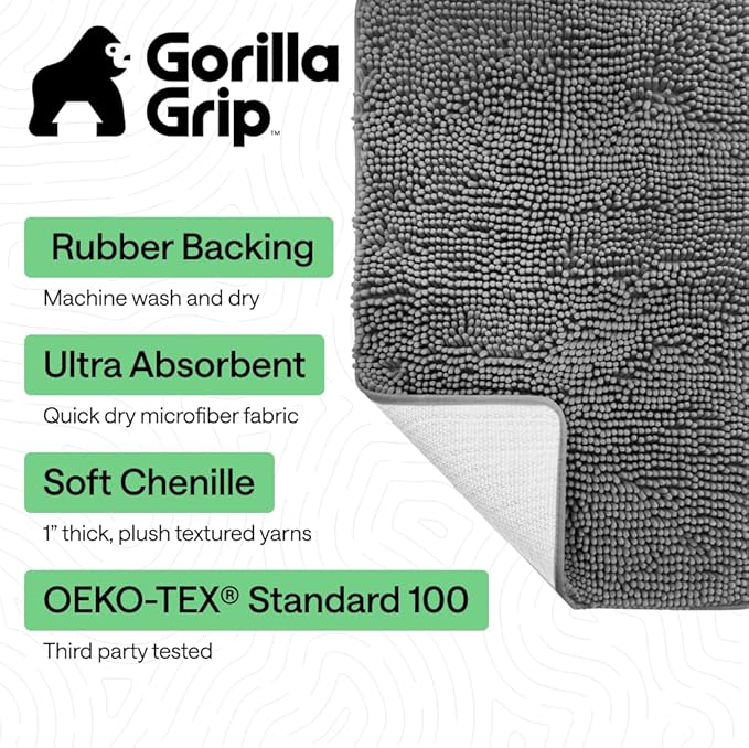 GORILLA GRIP Bath Rug Mat 54x24, Thick Soft Absorbent Chenille, Quick Dry Microfiber Mats, Rubber Backing Washable Shower Floor Rugs, Bathmat Runner, US Designed Bathroom Home Decor Accessories Grey