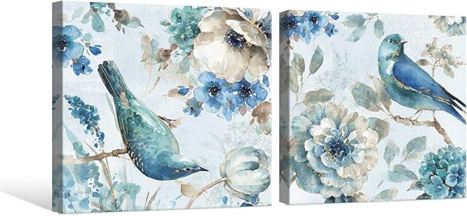 SEVEN WALL ARTS Birds and Flowers Canvas Wall Art 2 Pieces Print Picture Abstract Navy Blue Birds on Blossom Floral Tree Painting Garden Themed Artwork for Bedroom Living Room Office Painting Photo