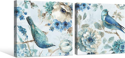 SEVEN WALL ARTS Birds and Flowers Canvas Wall Art 2 Pieces Print Picture Abstract Navy Blue Birds on Blossom Floral Tree Painting Garden Themed Artwork for Bedroom Living Room Office Painting Photo