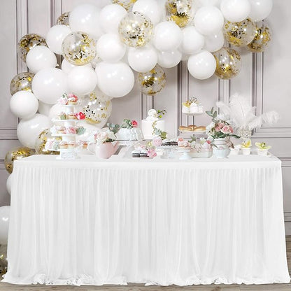 Besutolife White Tulle Table Skirt 14ft Wrinkle-Free Tutu Tablecloth for Gender Reveal, Wedding, Birthday, Reception, Banquet, Photo Booth, Party Table Decorations