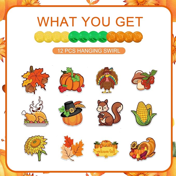 Fall Thanksgiving Hanging Swirls Decoration Autumn Harvest Hanging Foil Swirls Ceiling Decor for Thanksgiving Party Supplies Pumpkin Maple Leaf Turkey Ceiling Hanging 12Pcs
