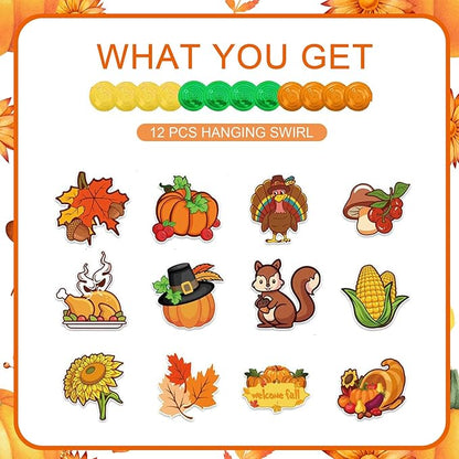 Fall Thanksgiving Hanging Swirls Decoration Autumn Harvest Hanging Foil Swirls Ceiling Decor for Thanksgiving Party Supplies Pumpkin Maple Leaf Turkey Ceiling Hanging 12Pcs