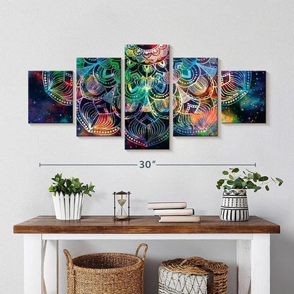 ElephantStock - Celestial Mandala Wall Art - Horizontal Multi Panel Canvas - 5 Piece Living Room Wall Decor - Digital Art Elements Multi Piece Wall Art - Turquoise And Blue Decor - 36" x 15"