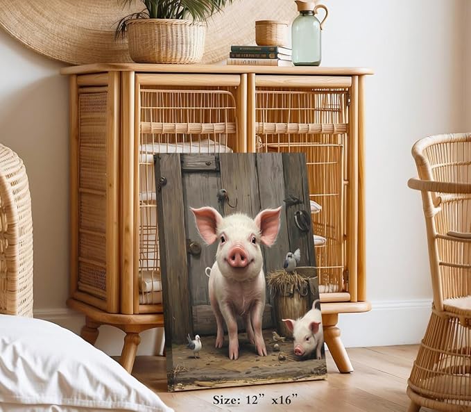 Farmhouse Pig Wall Art,Rustic Pig Canvas Prints Painting,Farm Animal Wall Art Country Bathroom Decor Print Painting Framed Artwork for Bedroom Kitchen12 X16