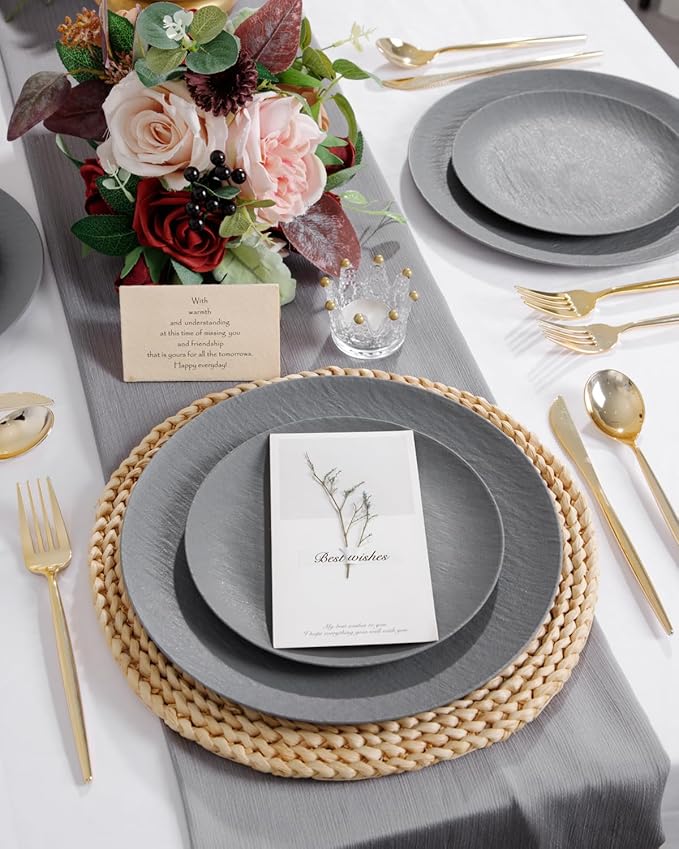 WONDERFUL 32pcs Dark Grey Plastic Plates Reusable Plates Unbreakable and Dishwasher safe Dishes Set Outdoor Plate Includes:16 Dinner 10" & 16 Dessert Plate 7.3" Suitable for Christmas New Year