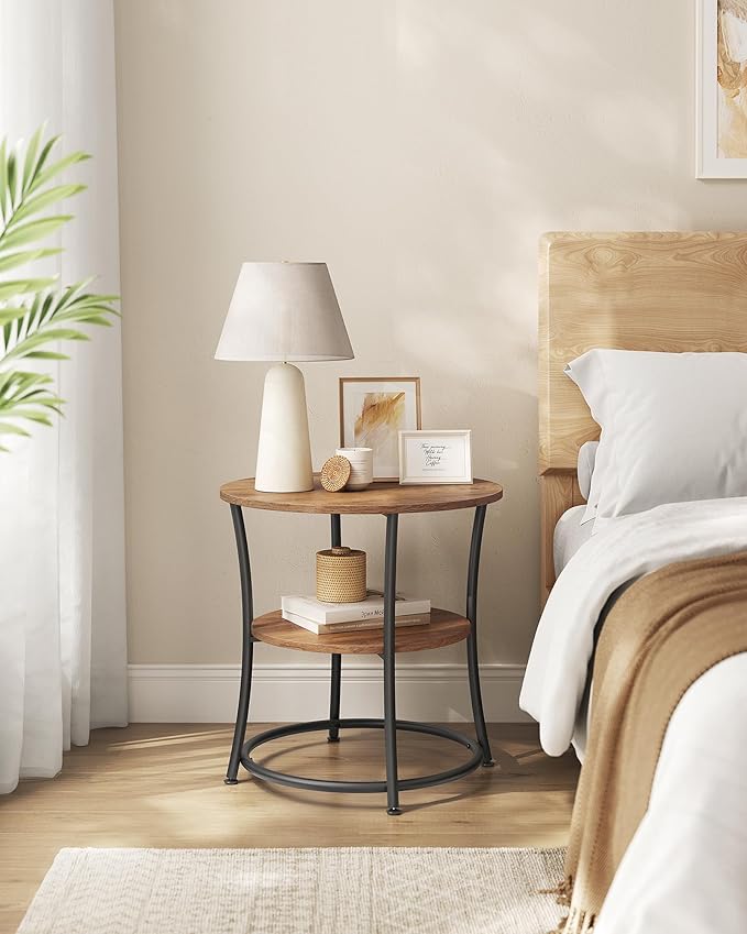 VASAGLE 21.7-Inch Round Side Table, 2-Tier End Table, Nightstand with Steel Frame, Spacious Top, for Small Spaces, Living Room, Bedroom, Honey Brown and Ink Black ULET056B41