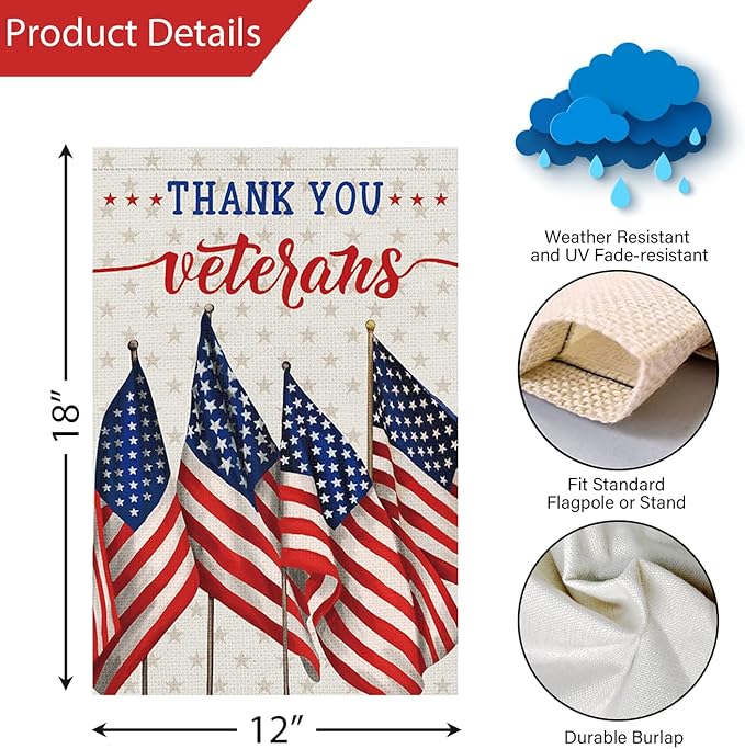 Louise Maelys Thank You Veterans Garden Flag Patriotic Veterans Day 12x18 Inch Double Sided Stars and Stripes Small Burlap Memorial Yard Flag Outside Outdoor House Decor