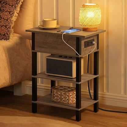 HOOBRO End Table with Charging Station, Flip Top Side Table with USB Ports, Narrow Nightstand Bedside Tables with Storage Shelves, for Small Space, Living Room,Greige and Black BG141UBZ01