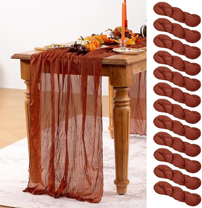 Terracotta Cheesecloth Table Runner Burnt Orange 12 Pack Christmas Table Runners 120 Inches Rust Cheese Cloth Table Decor for Xmas Holiday Season Parties Wedding Bridal Baby Shower Party