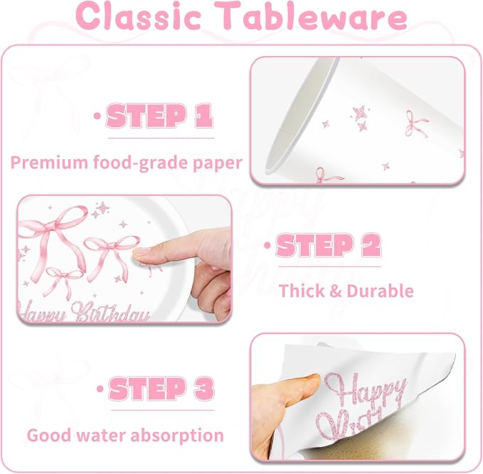 160pcs Pink Bow Birthday Decorations,Conquette Decorations Includes Napinks Plates Forks Pink Bow Theme Tableware Party Supplies Bow Girls Birthday Party Decor