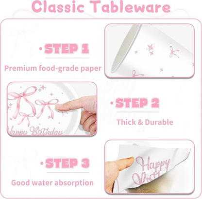 160pcs Pink Bow Birthday Decorations,Conquette Decorations Includes Napinks Plates Forks Pink Bow Theme Tableware Party Supplies Bow Girls Birthday Party Decor