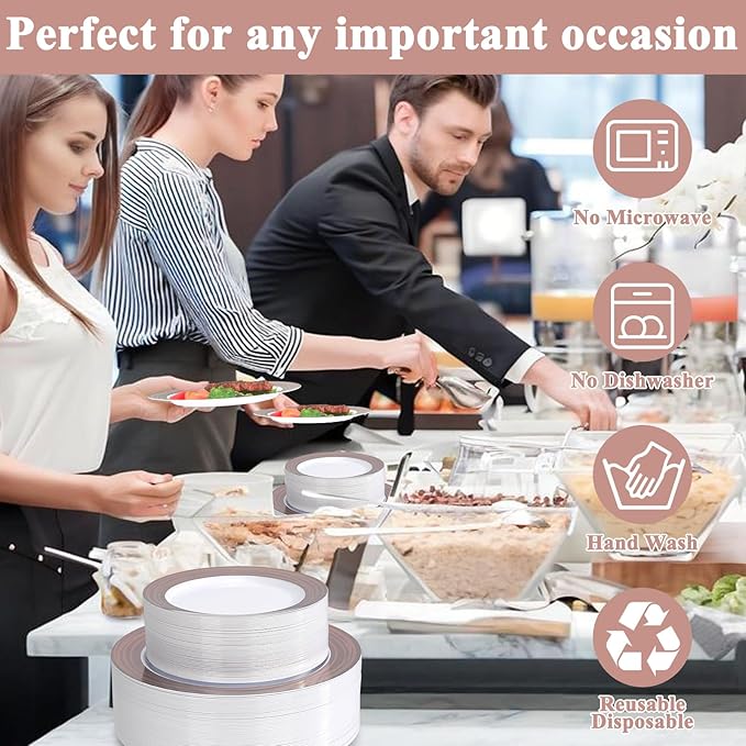 100PCS Brown Disposable Plastic Plates Include 50PCS 10.25inch Dinner Plate and 50PCS 7.5inch Dessert Plate Heavy Duty Plastic Dinnerware for Party Wedding Anniversary New Year