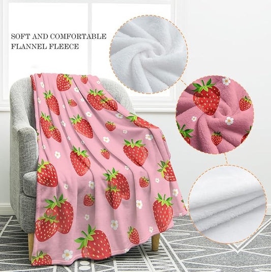 Jekeno Strawberry Fruit Floral Blanket Cute Flower Gifts for Women Kids Girls Mom Wife Men Boys Birthday Christmas Halloween Easter Home Bedroom Bed Sofa Decor Plush Throw Pink 50"x60"