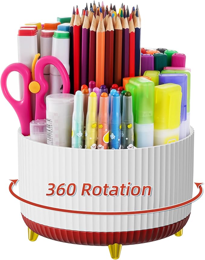 Marbrasse Desk Organizer, 360-Degree Rotating Pen Holder, Desk Organizers and Accessories with 5 Compartments Pencil Holder, Art Supply Storage Box Caddy for Office, Home (White+Red)