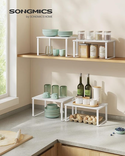 SONGMICS Cabinet Organizer Shelf, Set of 2 Kitchen Counter Shelves, Kitchen Storage, Spice Rack, Stackable, Expandable, Metal and Engineered Wood, Cloud White and Snow White UKCS02W01 (Pack of 2)
