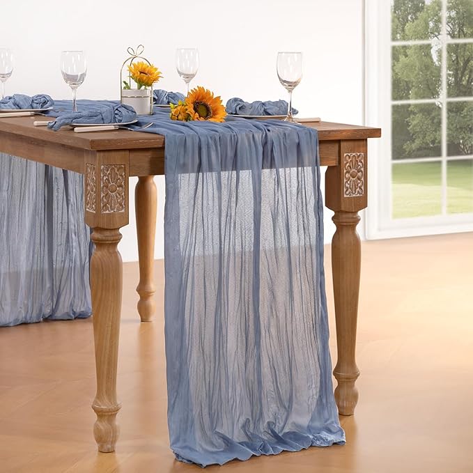 Dusty Blue Cheesecloth Table Runner Christmas Table Runner Boho Gauze 120 Inches Blue Table Decor for Xmas Holiday Season Parties Marine Weddings Bridal Baby Shower Birthday Party