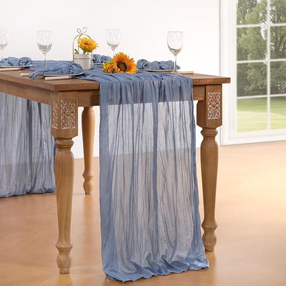 Dusty Blue Cheesecloth Table Runner Christmas Table Runner Boho Gauze 120 Inches Blue Table Decor for Xmas Holiday Season Parties Marine Weddings Bridal Baby Shower Birthday Party