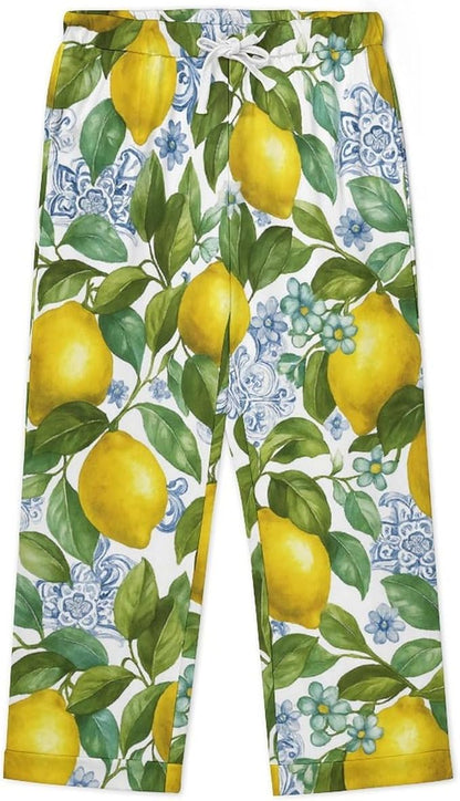 Lemons Leaves Ceramic Style Womens Pajama Set Long Sleeve Pajamas Top And Pants Soft Loungewear Pjs Sets