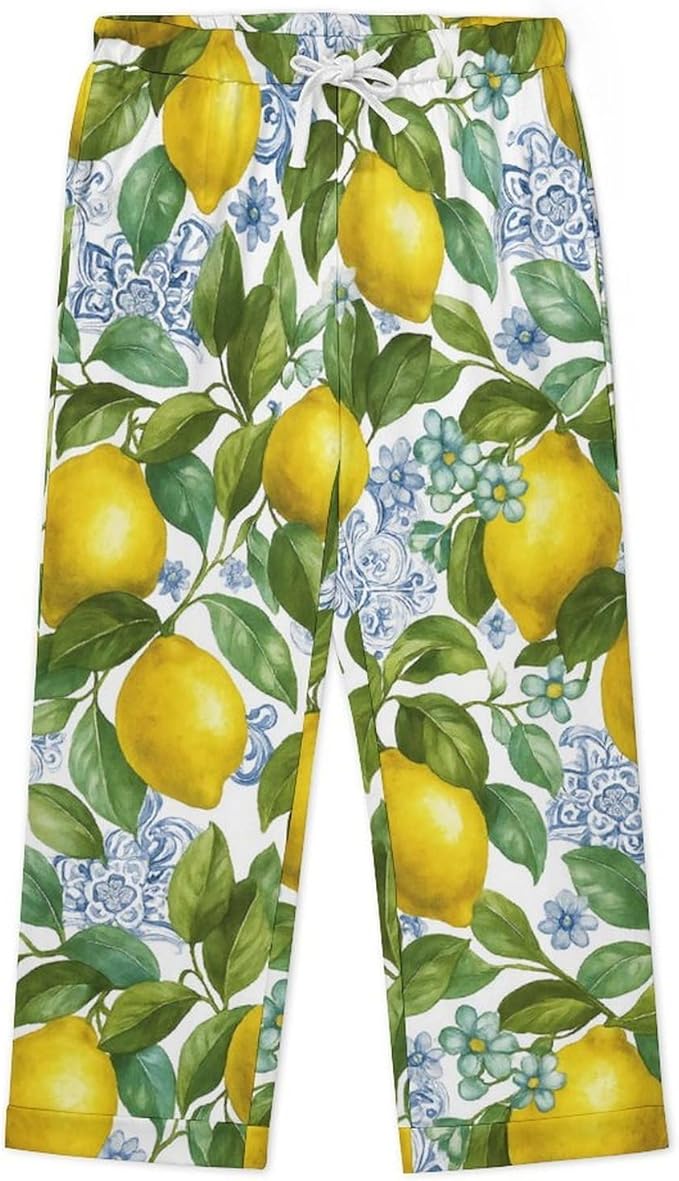 Lemons Leaves Ceramic Style Womens Pajama Set Long Sleeve Pajamas Top And Pants Soft Loungewear Pjs Sets
