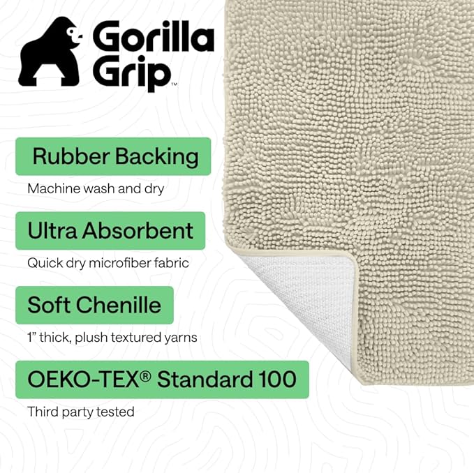 GORILLA GRIP Bath Rug Mat 60x24, Thick Absorbent Chenille, Quick Dry Microfiber Mats, Rubber Backing Washable Shower Floor Rugs, Bathmat Runner, US Designed Bathroom Home Decor Accessories Dusty Cloud