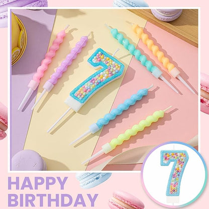 MTLEE Number 7 Birthday Candle Macaron Glitter 3D Number Candle with 12 Pcs Rainbow Spiral Candles in Holders for Girl Boy Cake Topper Wedding Anniversary Pastel Sweet Theme Party Decoration