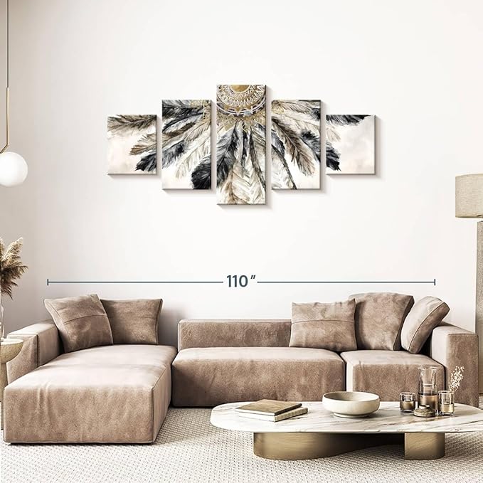 ElephantStock - Necklace Of Feathers Iii Wall Art - Horizontal Multi Panel Canvas - 5 Piece Living Room Wall Decor - Painting Multi Piece Wall Art - Brown And Gray Decor by Eva Watts - 74" x 34"