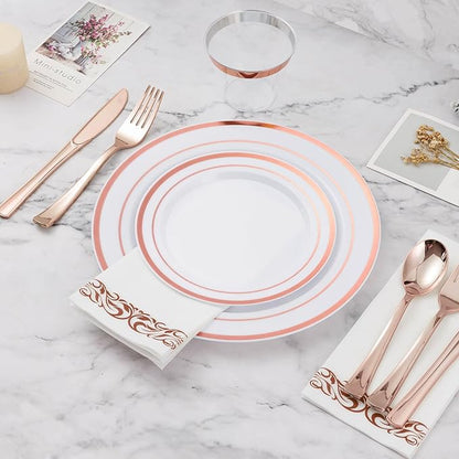 BESTVIP 350PCS Rose Gold Disposable Dinnerware Set for 50 Guests, Plastic Plates for Party, Wedding, Christmas, Halloween, Include: 100 Plastic Plates, 50 Silver Silverware, 50 Cups, 50 Napkins