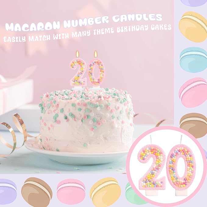 Birthday Candles - Number 20 Candle, Colorful Macaron Candles, 20 Birthday Decorations for Girls, Cake Decorations, Sweet Theme Party Supplies (Pink)