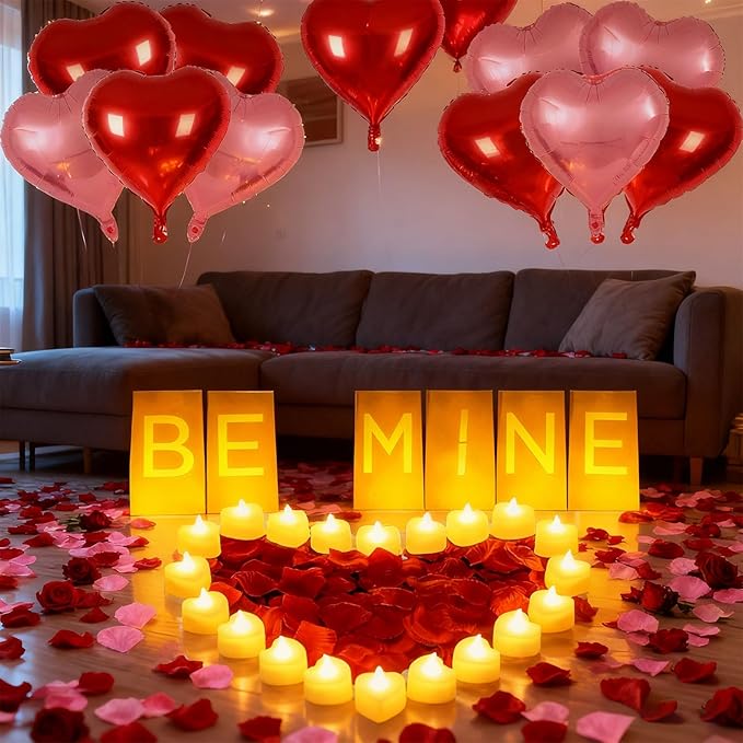 Be Mine Lighted Letters Sign 6pcs Luminary Paper Bags 2000pcs Red Pink Artificial Rose Petals 48pcs Flameless LED Candle Tealight 10pcs Heart Balloons Romantic Night Valentine's Day Decorations