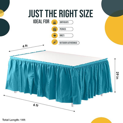Exquisite Ruffle Table Skirt Turquoise 6 Pack 14 Ft Long for Rectangle 6ft Plus or Round Tables With Adhesive Strip for Gender Reveal Decor & Happy Birthday Parties