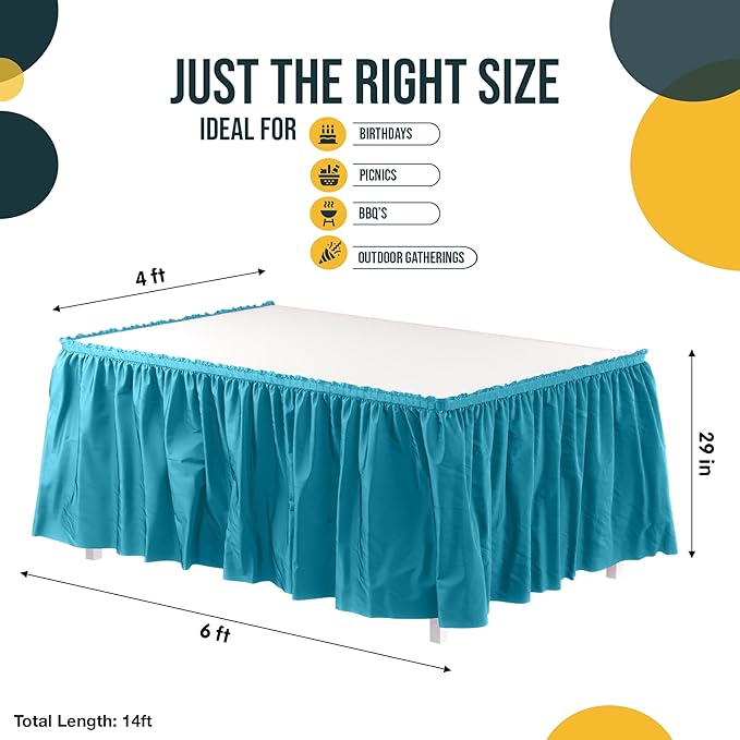 Ruffle Table Skirt Turquoise 48 Pack 14 Ft Long Table Skirts for Rectangle Tables 6ft Plus or Round Tables Skirts with Adhesive Strip for Gender Reveal Decor & Happy Birthday Parties by Exquisite