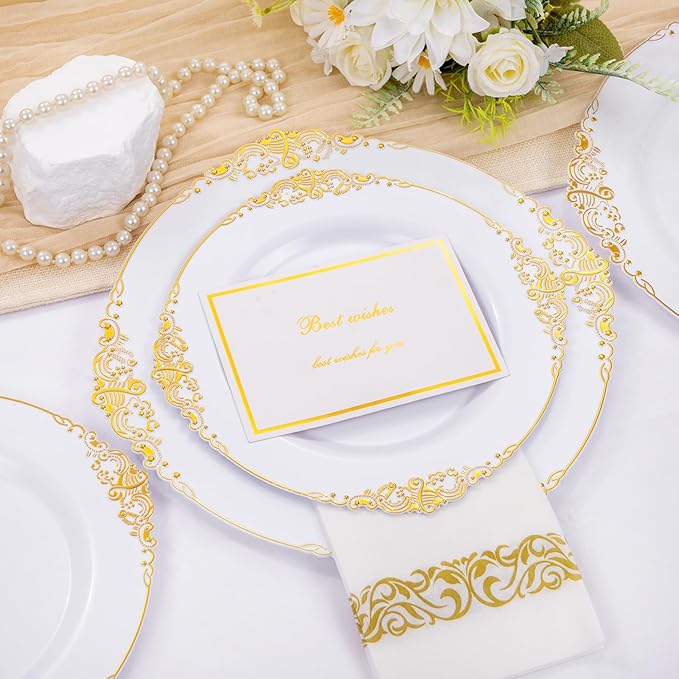 Hioasis 210pcs White and Gold Plastic Plates - Disposable Dinnerware Set Suitable for 30 Guests Include 10.25" Dinner & 7.5" Dessert Plates, Pre Rolled Silverware Set, Cups for Party & Wedding