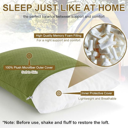 Ivellow Memory Foam Travel Pillow - Compact, Lightweight, Breathable & Hypoallergenic - Adults & Kids - Camping, Hiking, Travel - Avocado Green