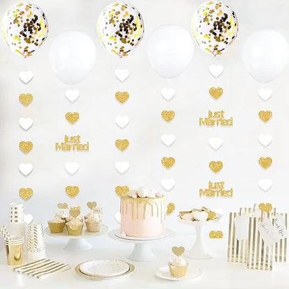 Gold Just Married Wedding Party Decorations Gold/White Heart Just Married Garland and Balloons for Wedding Bridal Shower Party