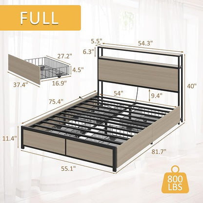Lifezone Full Bed Frame with 2-Tier Storage Headboard, Metal Platform Bed Frame with 4 Storage Drawers, Built in Charging Station & LED, Noise-Free/Metal Support/No Box Spring Needed, Beige